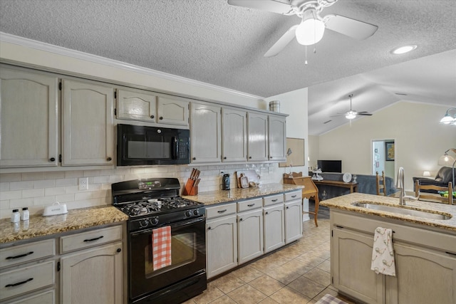 221 Country View Ln, Crandall, TX 75114 - kitchen with black appliances, a sink, a ceiling fan, a textured ceiling, and lofted ceiling