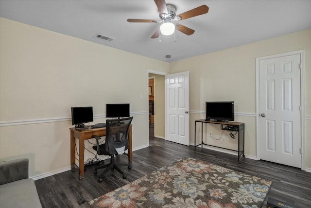 221 Country View Ln, Crandall, TX 75114 - home office with wood finished floors, a ceiling fan, and baseboards