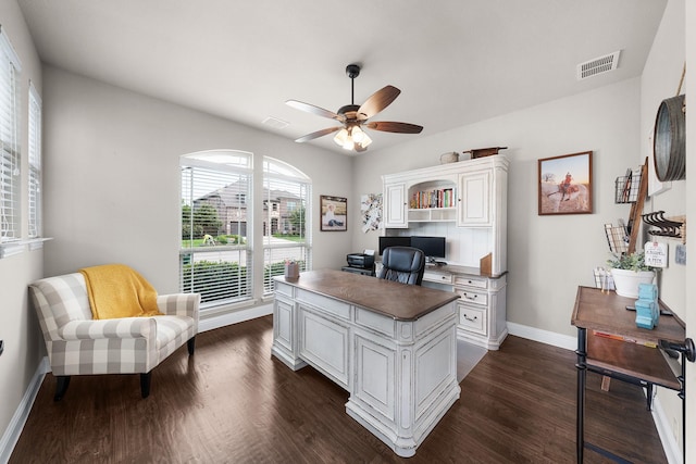 4705 Stillhouse Hollow Ln, Argyle, TX 76226 - home office featuring baseboards, ceiling fan, and dark wood finished floors