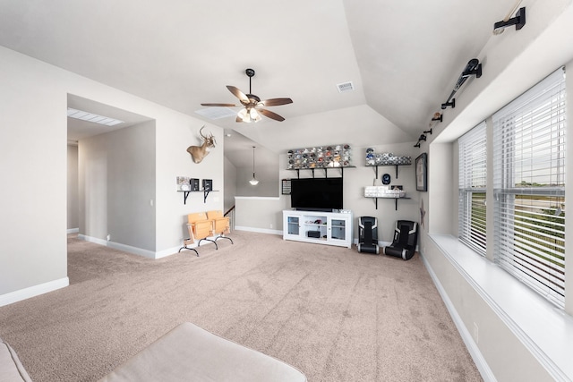4705 Stillhouse Hollow Ln, Argyle, TX 76226 - living area with vaulted ceiling, a ceiling fan, carpet floors, and baseboards