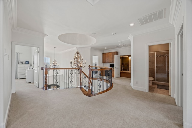 3413 De Vinci Dr, Plano, TX 75074 - corridor featuring light carpet, a chandelier, an upstairs landing, baseboards, and recessed lighting