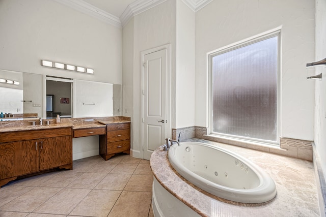 3413 De Vinci Dr, Plano, TX 75074 - full bathroom with ornamental molding, vanity, a tub with jets, and tile patterned floors