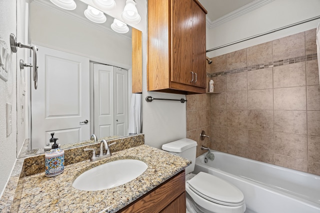 3413 De Vinci Dr, Plano, TX 75074 - full bathroom featuring ornamental molding, vanity, toilet, and shower / bathtub combination