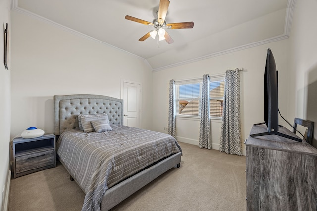 3413 De Vinci Dr, Plano, TX 75074 - bedroom featuring light colored carpet, ornamental molding, lofted ceiling, baseboards, and ceiling fan