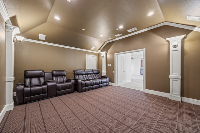 3413 De Vinci Dr, Plano, TX 75074 - cinema room featuring vaulted ceiling, carpet, baseboards, ornamental molding, and a textured ceiling