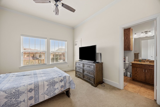 3413 De Vinci Dr, Plano, TX 75074 - bedroom with ornamental molding, light colored carpet, a sink, baseboards, and ensuite bath