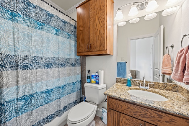 3413 De Vinci Dr, Plano, TX 75074 - full bath featuring vanity, toilet, crown molding, and a shower with curtain