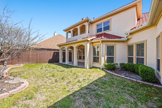 3413 De Vinci Dr, Plano, TX 75074 - back of house with stucco siding, a tile roof, a patio, and a chimney