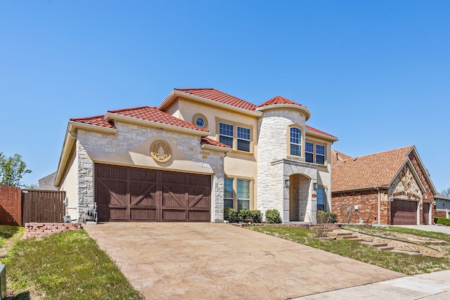 3413 De Vinci Dr, Plano, TX 75074 - mediterranean / spanish home with stone siding, concrete driveway, a tiled roof, a garage, and stucco siding