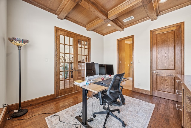 3413 De Vinci Dr, Plano, TX 75074 - office featuring baseboards, wood ceiling with exposed beams, dark wood-type flooring, french doors, and coffered ceiling