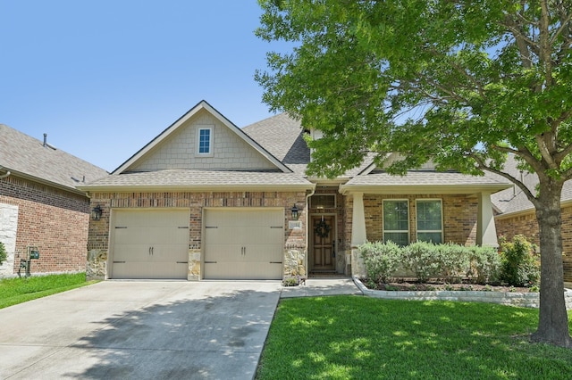5104 Fringetree Dr, Mckinney, TX 75071 - craftsman inspired home featuring an attached garage, concrete driveway, a shingled roof, a front yard, and stone siding