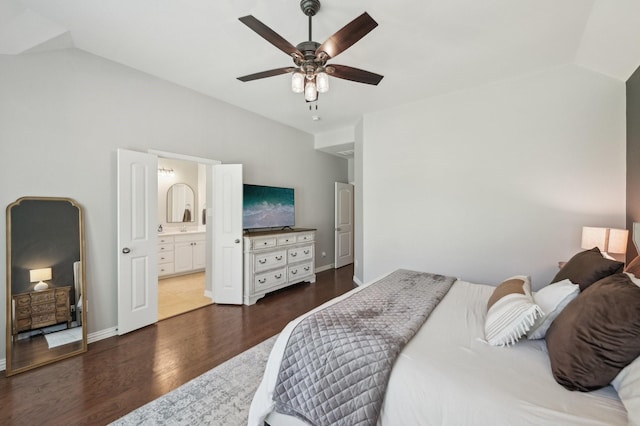 5104 Fringetree Dr, Mckinney, TX 75071 - bedroom featuring vaulted ceiling, wood finished floors, ensuite bathroom, ceiling fan, and baseboards