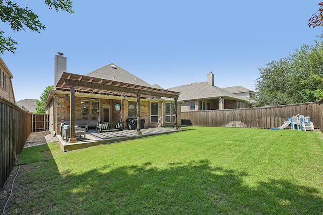 5104 Fringetree Dr, Mckinney, TX 75071 - rear view of property with an outdoor living space, brick siding, a pergola, a wooden deck, and a chimney