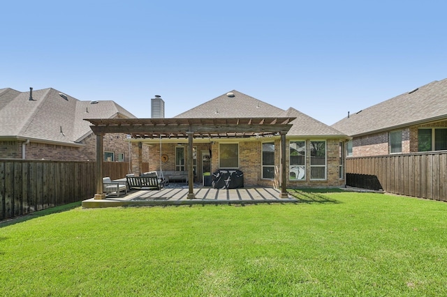 5104 Fringetree Dr, Mckinney, TX 75071 - back of property with a pergola, brick siding, a chimney, an outdoor living space, and a patio area