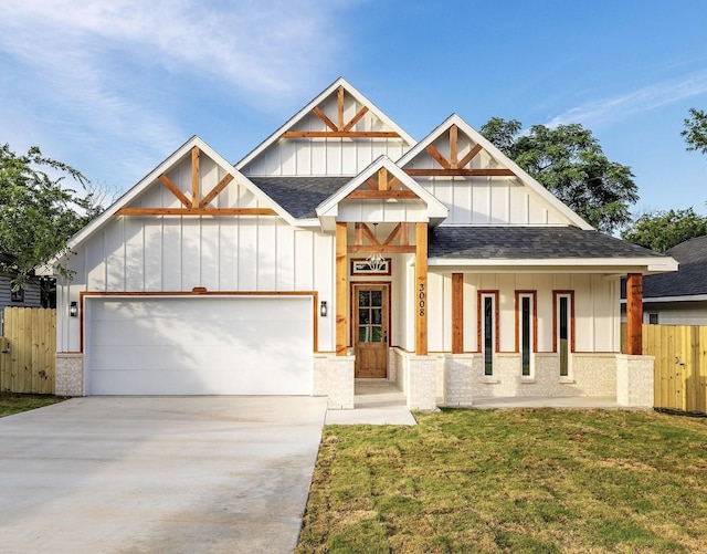 3008 25th St, Fort Worth, TX 76106 - modern farmhouse featuring board and batten siding, roof with shingles, an attached garage, concrete driveway, and brick siding