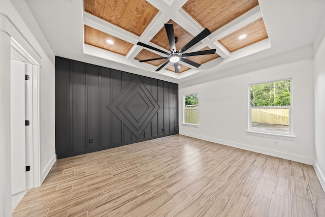 3008 25th St, Fort Worth, TX 76106 - unfurnished bedroom featuring multiple windows, light wood finished floors, baseboards, wood ceiling with exposed beams, and coffered ceiling