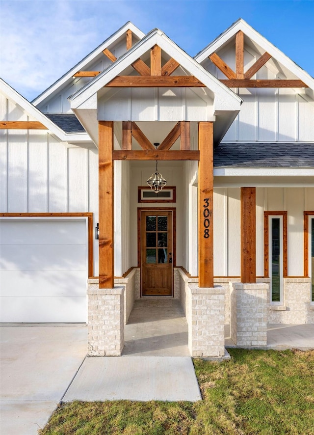 3008 25th St, Fort Worth, TX 76106 - property entrance with an attached garage, roof with shingles, covered porch, and board and batten siding