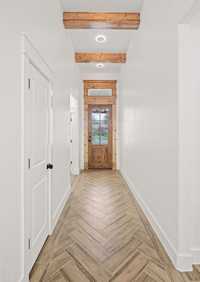 3008 25th St, Fort Worth, TX 76106 - doorway to outside with baseboards and beam ceiling