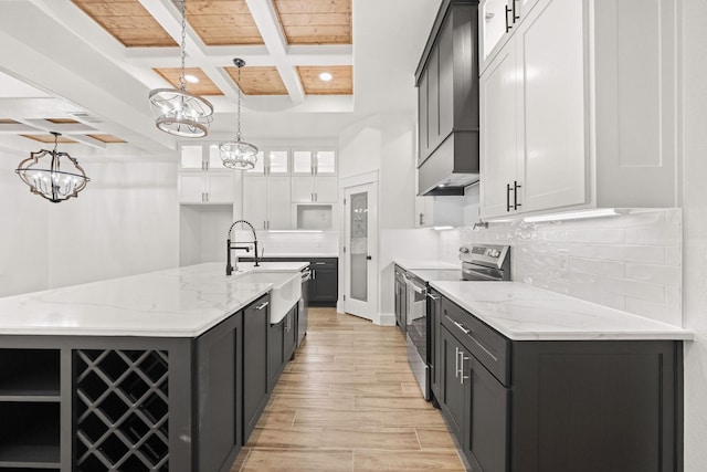 3008 25th St, Fort Worth, TX 76106 - kitchen featuring stainless steel range with electric cooktop, a chandelier, coffered ceiling, a sink, and tasteful backsplash