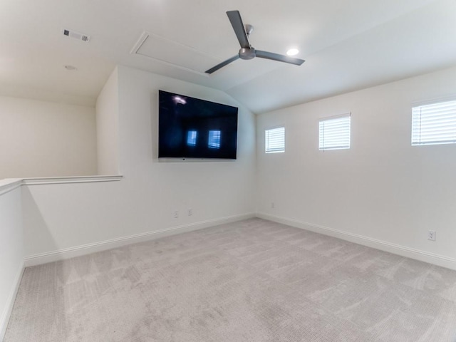 6656 Windfall Dr, Fort Worth, TX 76135 - unfurnished room with light carpet, ceiling fan, vaulted ceiling, and baseboards