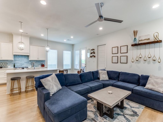 6656 Windfall Dr, Fort Worth, TX 76135 - living room featuring light wood-style flooring, recessed lighting, and a ceiling fan