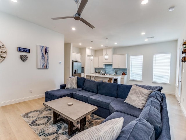 6656 Windfall Dr, Fort Worth, TX 76135 - living room with a ceiling fan, light wood-type flooring, recessed lighting, and baseboards