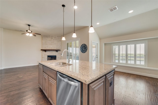 1207 Glasbury Glen Way, Forney, TX 75126 - kitchen with dishwasher, a sink, open floor plan, dark wood-type flooring, and lofted ceiling