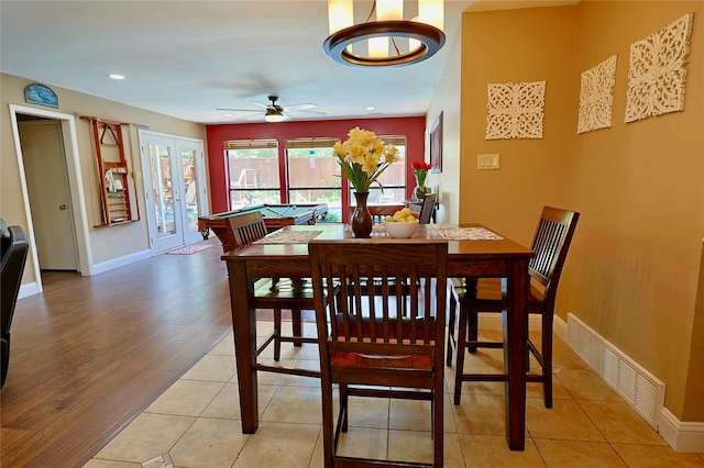 312 W Pleasantview Dr, Hurst, TX 76054 - dining area featuring ceiling fan, baseboards, billiards, french doors, and light wood-style flooring