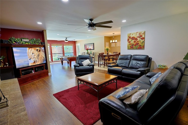 312 W Pleasantview Dr, Hurst, TX 76054 - living area with billiards, wood-type flooring, recessed lighting, and a ceiling fan