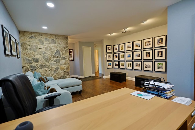 312 W Pleasantview Dr, Hurst, TX 76054 - office with dark wood-style floors, baseboards, and recessed lighting