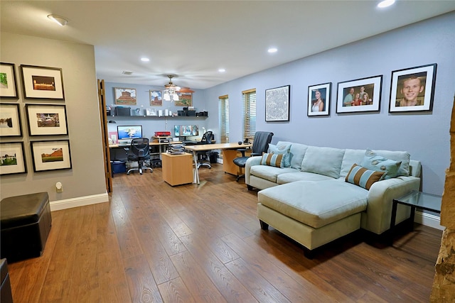 312 W Pleasantview Dr, Hurst, TX 76054 - living area with a desk, recessed lighting, dark wood-style flooring, a ceiling fan, and baseboards
