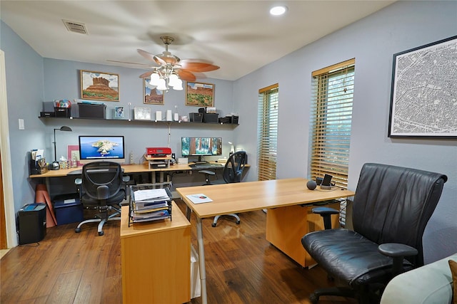 312 W Pleasantview Dr, Hurst, TX 76054 - office featuring ceiling fan, hardwood / wood-style floors, and recessed lighting