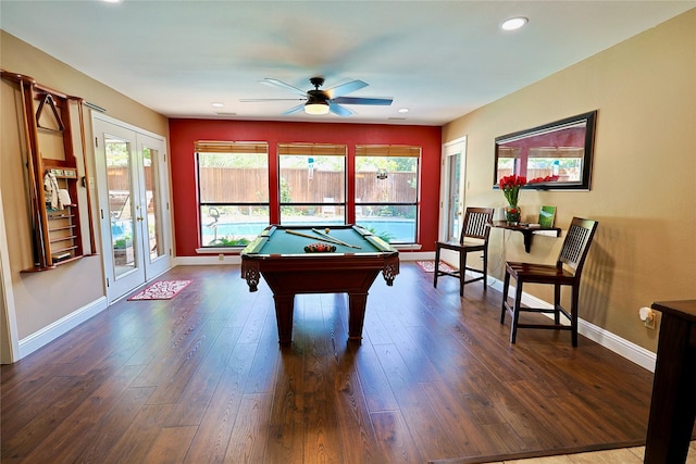 312 W Pleasantview Dr, Hurst, TX 76054 - rec room featuring billiards, baseboards, ceiling fan, hardwood / wood-style flooring, and recessed lighting