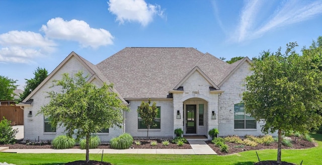 158 Spanish Oak Dr, Krugerville, TX 76227 - french country inspired facade featuring brick siding, a front lawn, a shingled roof, and stone siding