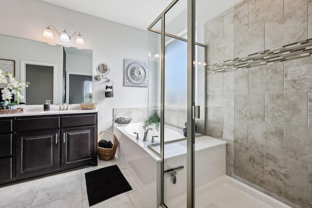632 Dunster Ln, Saginaw, TX 76131 - full bath featuring a stall shower, a garden tub, vanity, tile patterned floors, and plenty of natural light
