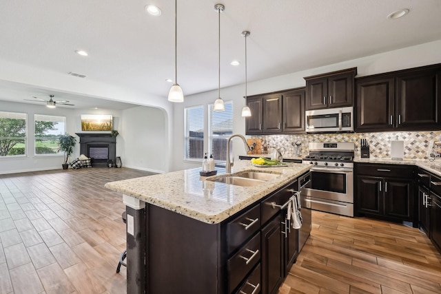 632 Dunster Ln, Saginaw, TX 76131 - kitchen with stainless steel appliances, a sink, a glass covered fireplace, light wood finished floors, and tasteful backsplash