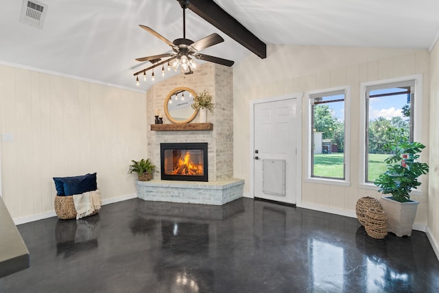 1418 Lakeshore Blvd, Oak Point, TX 75068 - living room with a fireplace, concrete flooring, ceiling fan, and baseboards