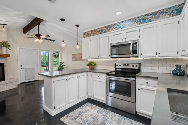1418 Lakeshore Blvd, Oak Point, TX 75068 - kitchen with stainless steel appliances, a peninsula, white cabinetry, a ceiling fan, and tasteful backsplash