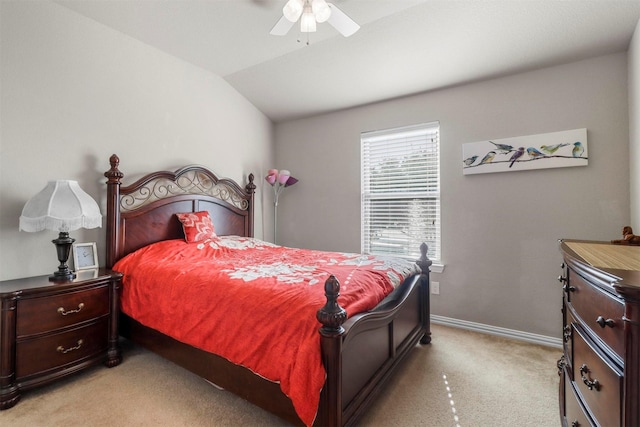 316 Tallgrass Ln, Plano, TX 75023 - bedroom featuring light colored carpet, lofted ceiling, baseboards, and ceiling fan