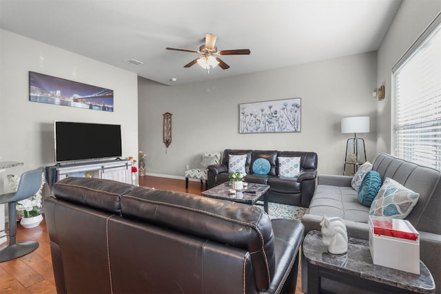 316 Tallgrass Ln, Plano, TX 75023 - living area featuring ceiling fan, wood finished floors, and baseboards