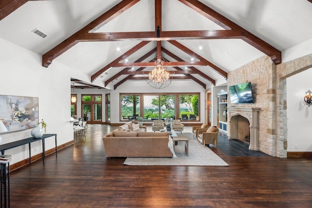 842 Bluff Ridge Dr, Cedar Hill, TX 75104 - living area featuring a chandelier, beam ceiling, a fireplace, wood finished floors, and baseboards
