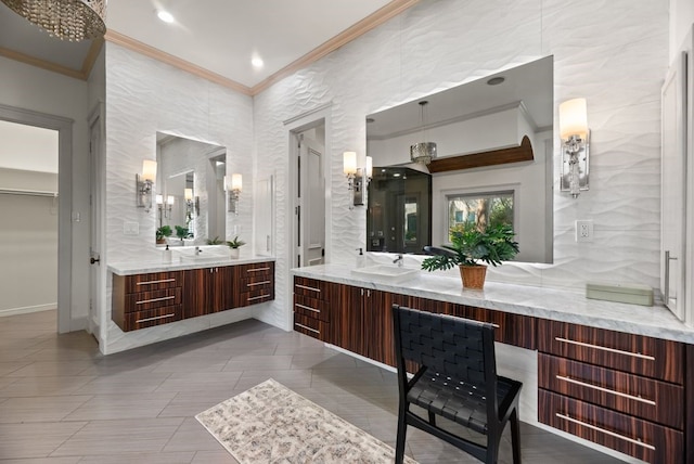 842 Bluff Ridge Dr, Cedar Hill, TX 75104 - bathroom featuring ornamental molding, two vanities, tile patterned flooring, recessed lighting, and baseboards