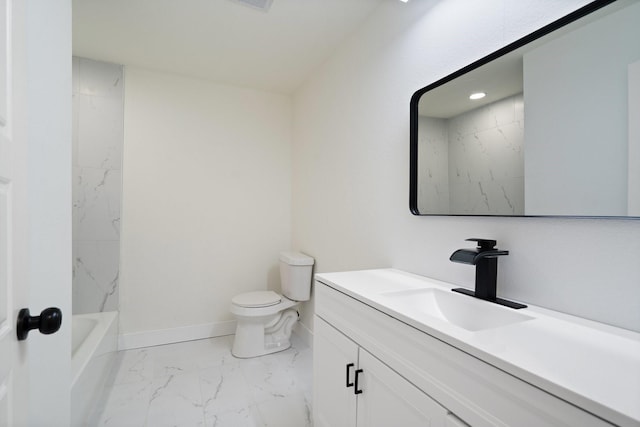 6625 Bridges Ave, Richland Hills, TX 76118 - bathroom with marble look tiles, vanity, toilet, and baseboards