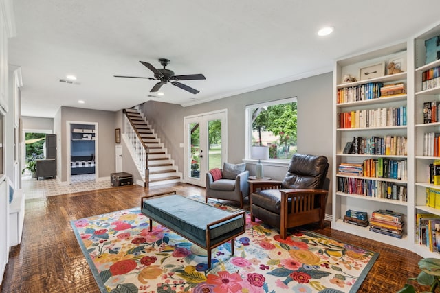 5906 Gregory Ln, Parker, TX 75002 - living room featuring wood finished floors, ceiling fan, recessed lighting, stairway, and baseboards