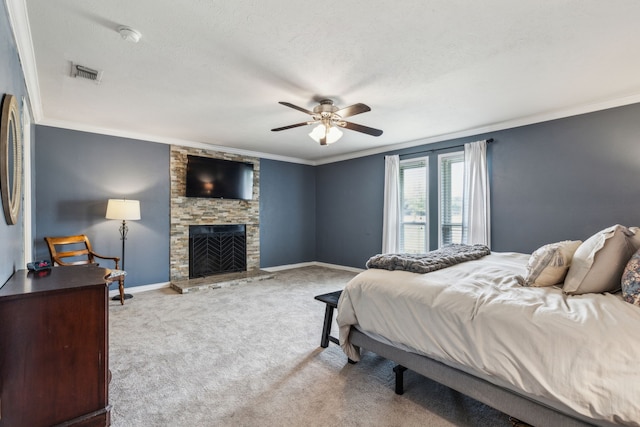 5906 Gregory Ln, Parker, TX 75002 - carpeted bedroom featuring crown molding, a fireplace, baseboards, a ceiling fan, and a textured ceiling