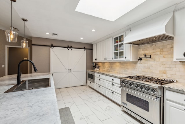 5906 Gregory Ln, Parker, TX 75002 - kitchen with stainless steel appliances, a sink, custom exhaust hood, glass insert cabinets, and light marble finish flooring