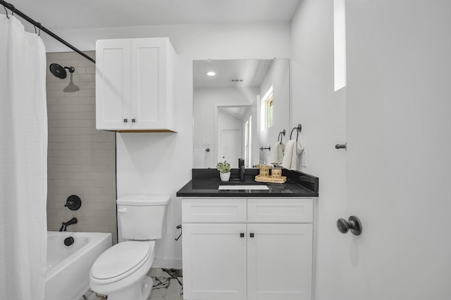 5806 Bryan Pkwy Unit 4, Dallas, TX 75206 - bathroom with vanity, toilet, marble finish floors, shower / bath combo with shower curtain, and baseboards