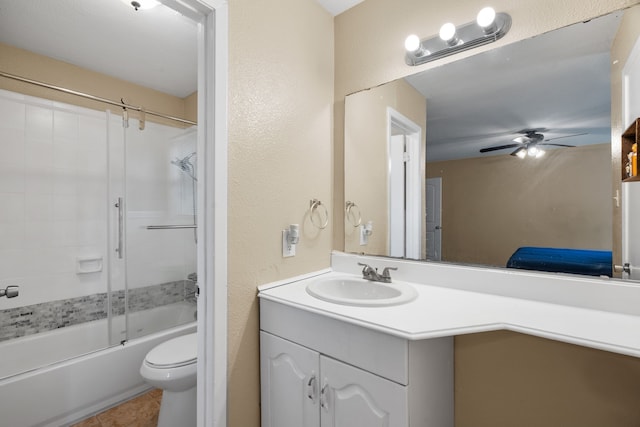 1413 Rockbrook St, Lancaster, TX 75134 - bathroom featuring vanity, toilet, shower / bath combination with glass door, ceiling fan, and tile patterned floors