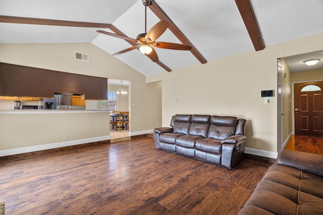 1413 Rockbrook St, Lancaster, TX 75134 - living room with beam ceiling, wood finished floors, ceiling fan, high vaulted ceiling, and baseboards