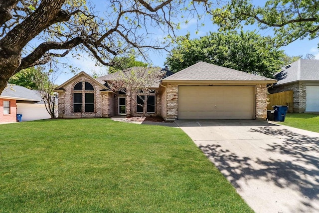 665 Cardinal Ridge Rd, Burleson, TX 76028 - ranch-style house with an attached garage, concrete driveway, brick siding, a front lawn, and roof with shingles